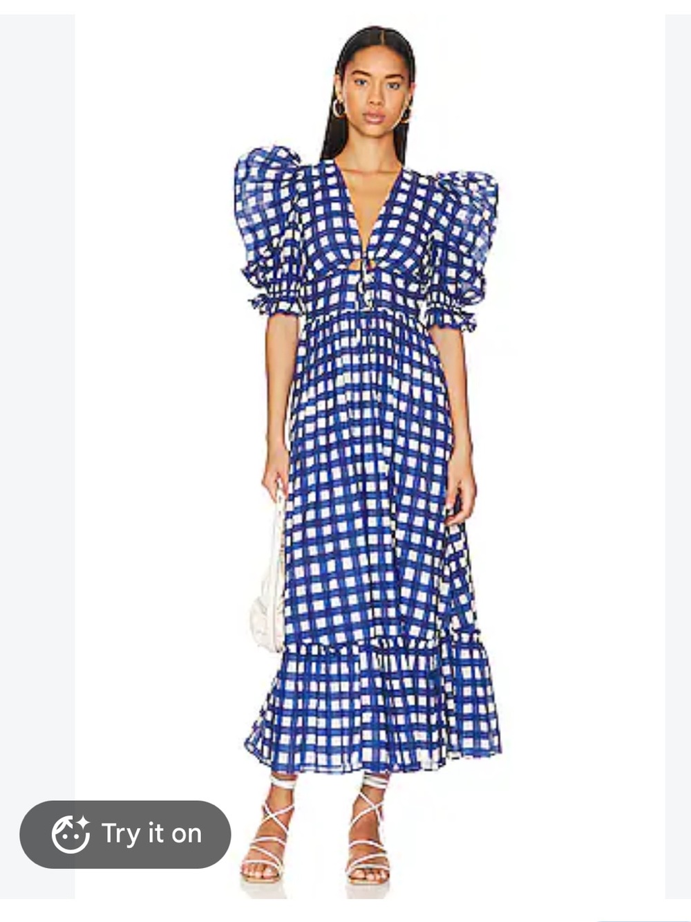 Cleobella Gingham Maxi Dress Puff Sleeve Navy White Cottagecore Size L